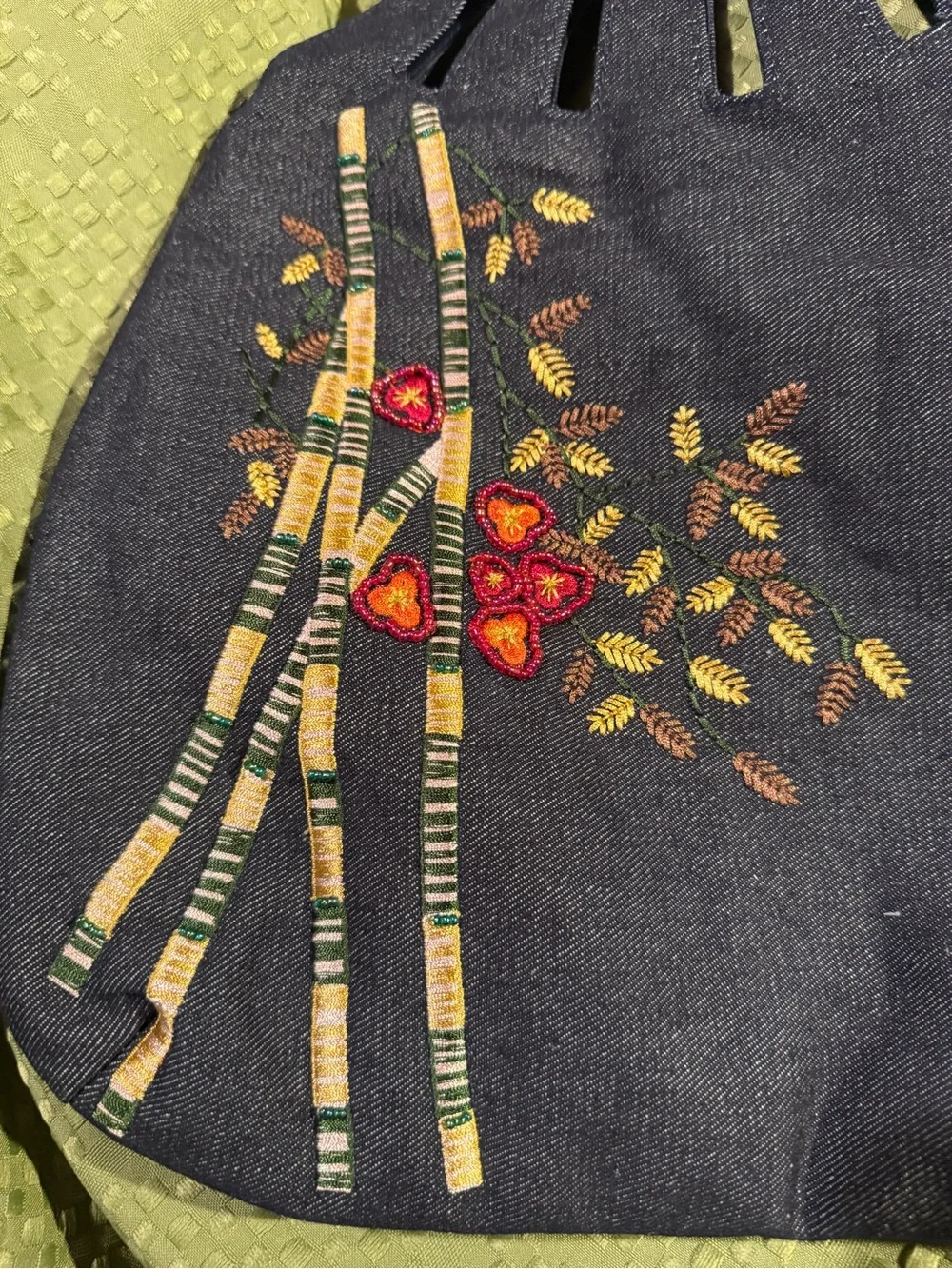 Handheld Bamboo-Handle Embroidered Navy Tote - Picture 2 of 7